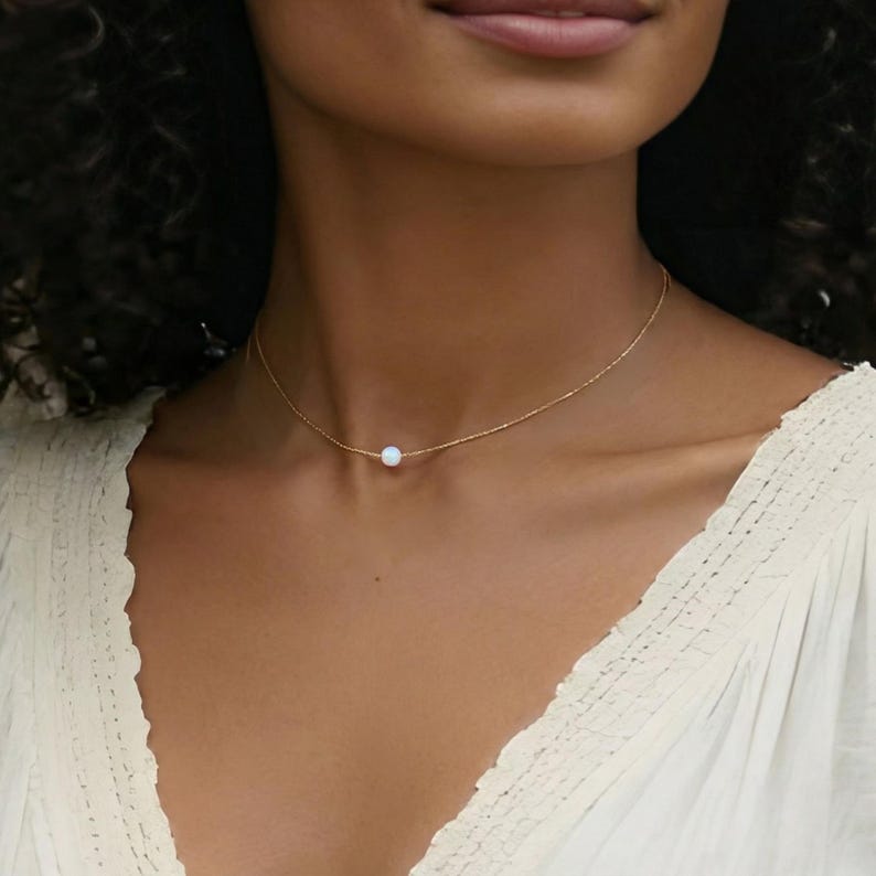 Dainty Opal Necklace 14K Gold Filled, October Birthstone Necklace, Minimalist Opal Jewelry, Gift for Her Gold Necklace image 4