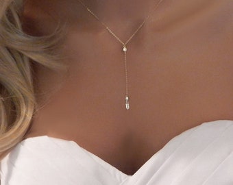 Dainty Gold Lariat Bridal Necklace Prom Bridesmaid Engagement Gift Gold, Silver or Rose Gold Diamond Lariat Necklace, Special Event