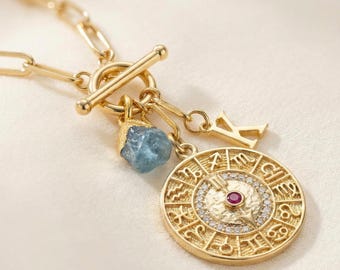 Birthstone Initial Necklace, Personalized Gold Zodiac Charm, Custom Name Necklace, Dainty Gold Jewelry Gift for Her