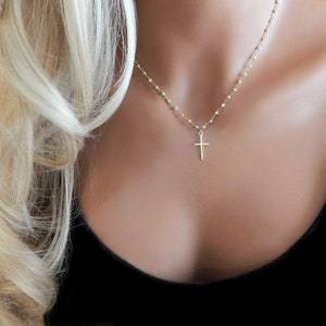 Gold Vermeil Cross Necklace: Dainty Sterling Silver Rosary with Pearls