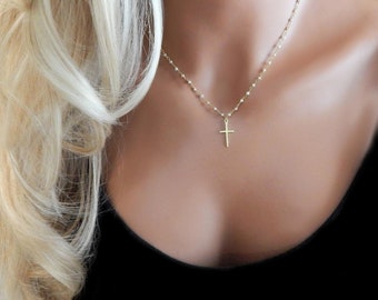 Cross Necklace for Christian Women, Gold Rosary Cross, Holy Communion Gift for Her, Gold Vermeil Sterling Silver, Dainty Everyday Necklace,