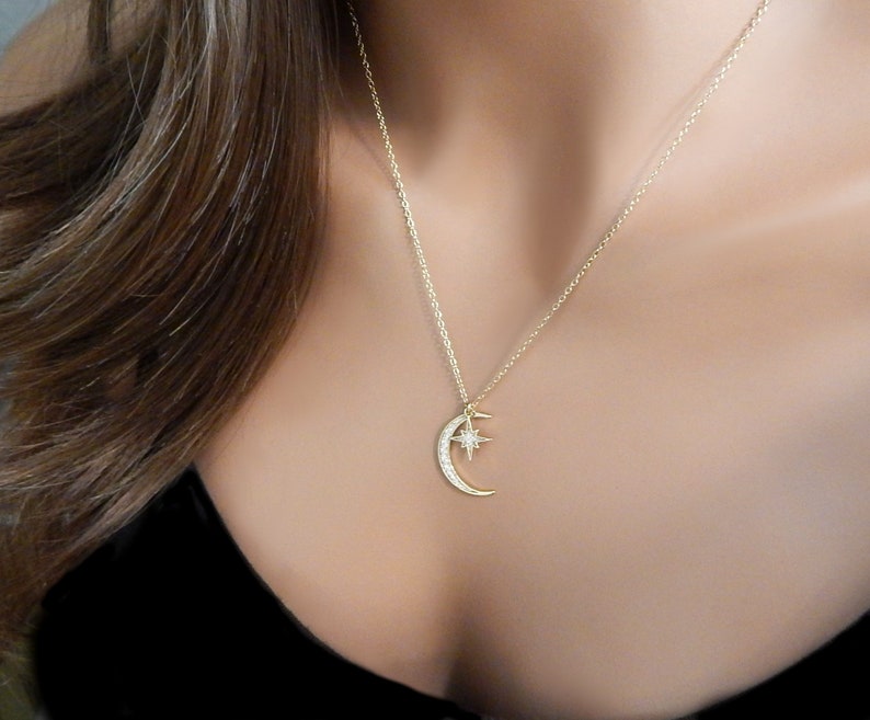 Celestial Crescent Moon Starburst Necklace, Gift for Her, Boho Celestial Layering Jewelry, Moon and Star Jewelry for Women image 4