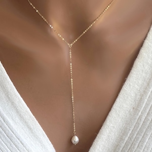 Freshwater Pearl Lariat Necklace: Gold Filled Y Drop Chain