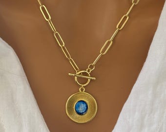 Blue Tiger Eye Necklace, Gold Filled Medallion Necklace, Boho Gemstone Pendant Necklace, Dainty Layering Jewelry Gift for Her