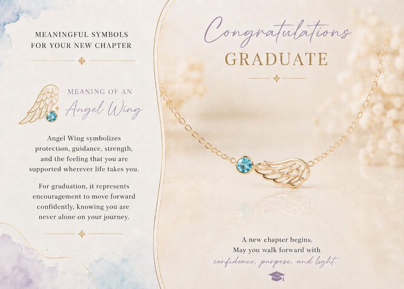 May include: Gold-colored angel wing necklace with a blue gemstone, displayed on a card with text that reads "Congratulations Graduate." The card also features text about the meaning of an angel wing.