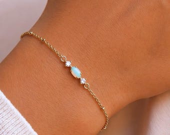 Opal Bracelet Gold, Dainty Opal Jewelry, Minimalist Gold Beaded Chain, October Birthstone Bracelet, Elegant Gift for Mom, Christmas Gift