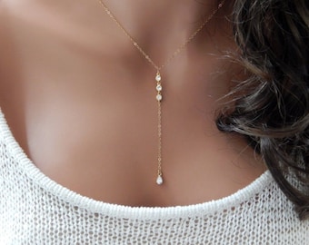 Elegant Diamond Wedding Necklace, Lariat Y Bridesmaid Gift, Teardrop Diamond Bridal Y Necklace for Woman, Diamond Lariat Gift for Her