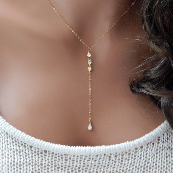 Elegant Diamond Wedding Necklace, Lariat Y Bridesmaid Gift, Teardrop Diamond Bridal Y Necklace for Woman, Diamond Lariat Gift for Her