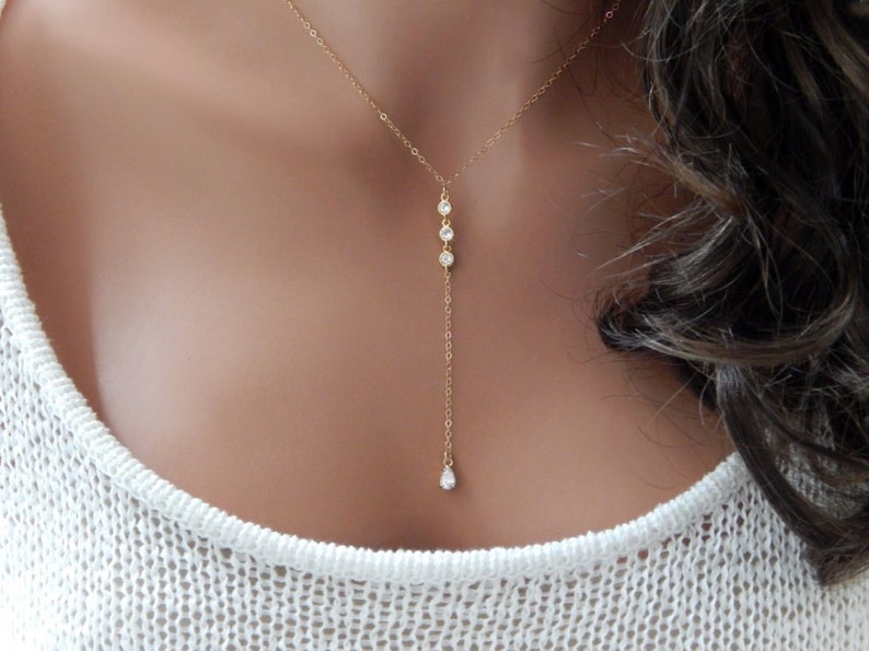 Lariat Necklace Wedding Bridesmaid Gift, Teardrop Diamond Bridal Y Necklace for Woman, Diamond Lariat Gift for Her 