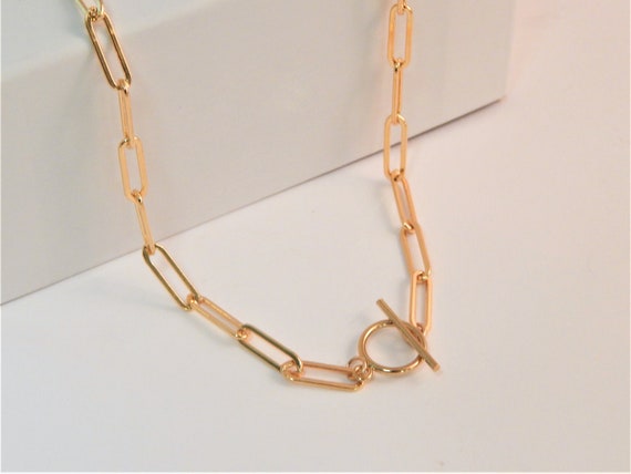 Paperclip Chain Necklace, Gold Charm Holder Necklace, Toggle Clasp Necklace 14K Gold Filled, Layering Jewelry Gift for Her