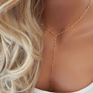 Gold Lariat Necklace, Gift for Her, Prom Jewelry Sister Y Necklace, Dainty Minimal Silver Beaded Lariat, Girlfriend Gift