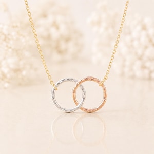 Interlocking Circle Necklace, Mixed Metal Infinity Necklace, Sterling Silver, Gold, Rose Gold, Layering Necklace, Meaningful Gift for Her