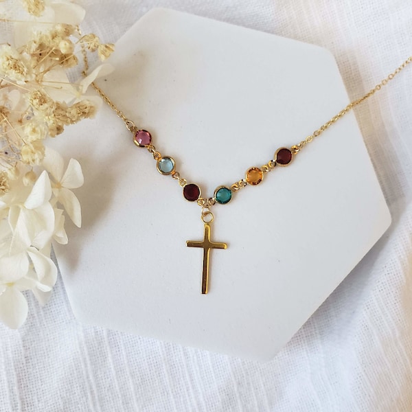 Birthstone Necklace for Mom Family Birthstones, Dainty Cross Necklace, Mother Gift, Family Tree, Grandma Gift, 14K Gold Filled Chain