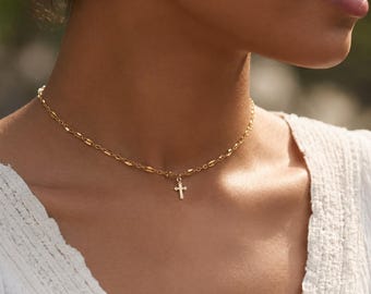 Zartes Kreuz-Choker: Goldgefüllte Paillettenkette, spirituelles Geschenk für Sie, wasserfest