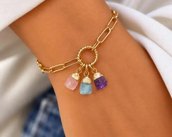 Geburtssteinarmband, personalisiertes Edelstein-Armband mit Büroklammer, massive Kette aus 14-karätigem Gold, Geburtsstein-Schmuck mit Rohsteinnugget, Geschenk für Sie