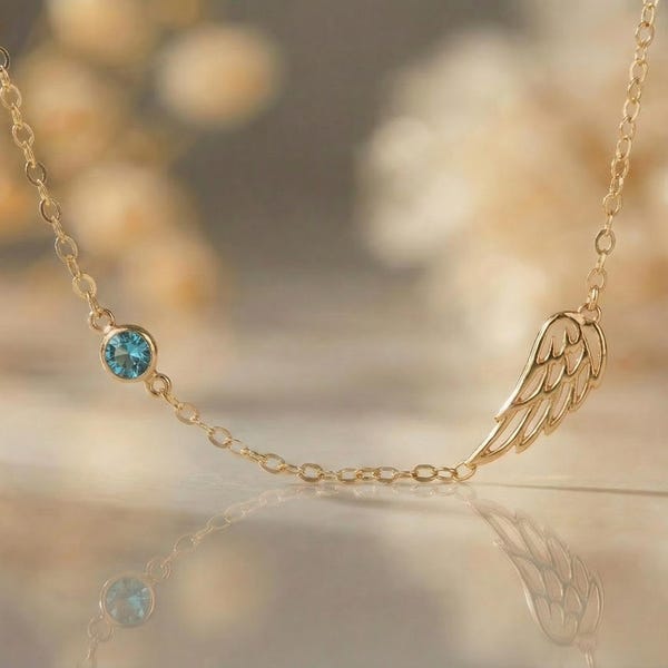 Collier avec pierre de naissance aile d'ange : bijoux de gardien rempli d'or 14 carats