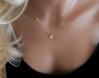 Sideways Cross Initial Necklace, Personalized Letter Necklace, Dainty Gold Cross, Christian Jewelry