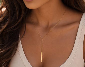 Gold Bar Lariat Halskette, 14K Gold Filled Y Halskette, Minimalistischer Tropfen, wasserdichter Anlaufbeständiger Schmuck, Zierliches Geschenk für Sie