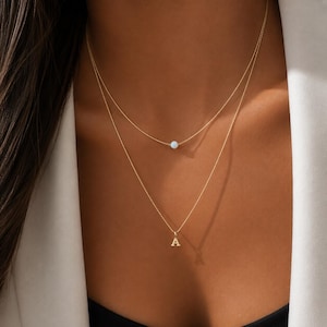 Layered Initial Necklace, Gold Letter and Gemstone Necklace, Personalized Birthstone Necklace, Dainty Layering Jewelry Gift for Her