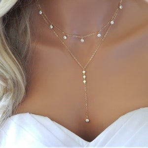 Elegant Diamond Wedding Necklace, Bridesmaid Gift, Layered Choker Lariat CZ Necklace, Bridal Jewelry, Gold or Silver, Bridal Homecoming Prom