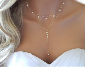 Elegant Diamond Wedding Necklace, Bridesmaid Gift, Layered Choker Lariat CZ Necklace, Bridal Jewelry, Gold or Silver, Bridal Homecoming Prom