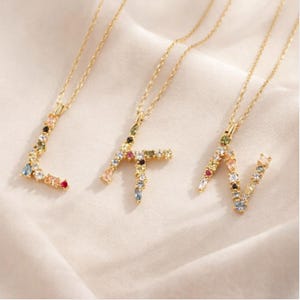 Initial Letter Necklace, Gold Rainbow CZ Gemstones, Sterling Silver Colorful Crystal Letter Pendant