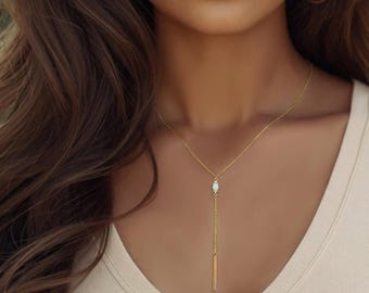Lariat Halskette, Gold Y-Halskette, Zierliche Opal Tropfen Halskette, Minimalist Halskette, Oktober Geburtsstein Schmuck