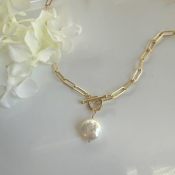 Coin Pearl Necklace Gold Paperclip Chain, Toggle Clasp Pearl Necklace, Boho Pearl Jewelry, Statement Gift for Her