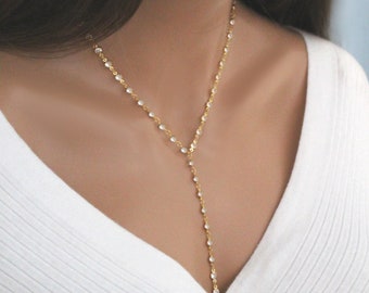 Diamond Lariat, Dainty Wedding Y Necklace, Simple Cz Gemstone Jewelry for Women in Gold or Silver