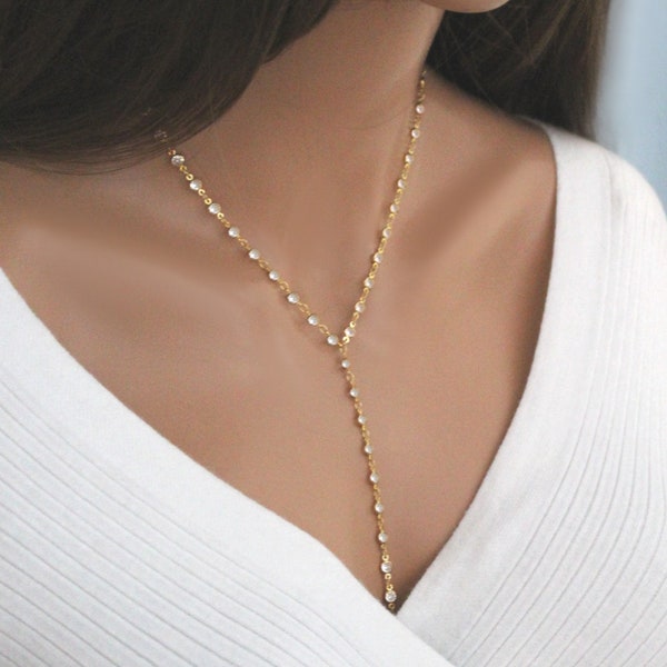 Diamond Lariat, Dainty Wedding Y Necklace, Simple Cz Gemstone Jewelry for Women in Gold or Silver