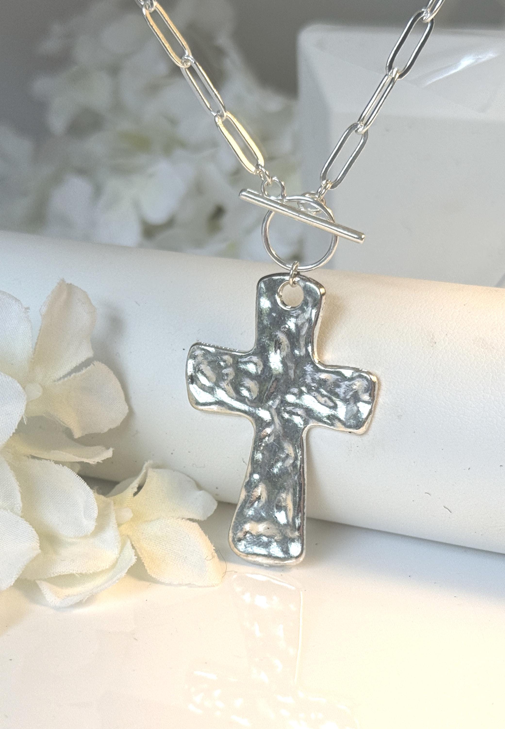 Hammered Cross Necklace Large Silver Pendant Gift for Her Statement Religious Christian Cross Jewelry for Women
