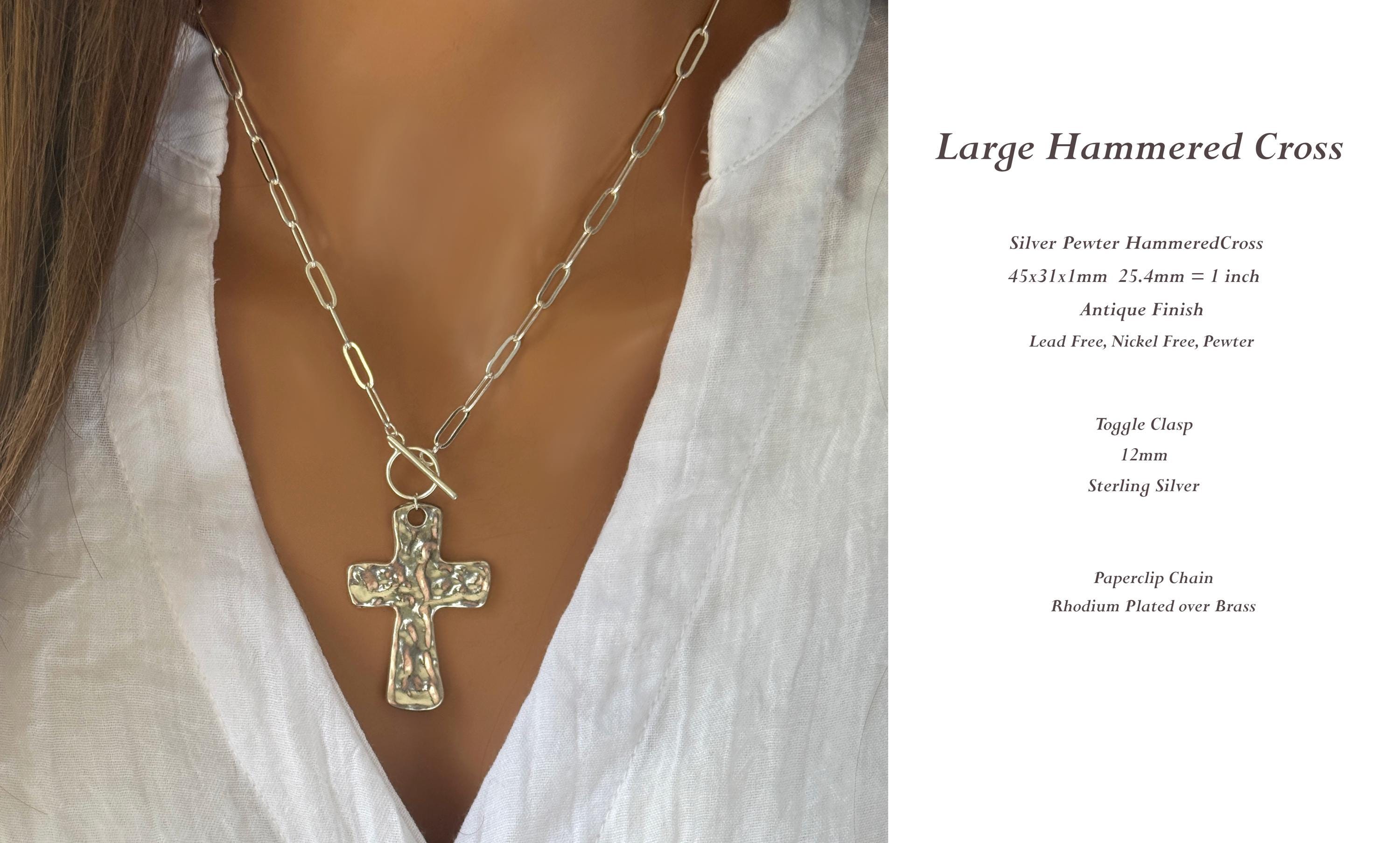Hammered Cross Necklace Large Silver Pendant Gift for Her Statement Religious Christian Cross Jewelry for Women