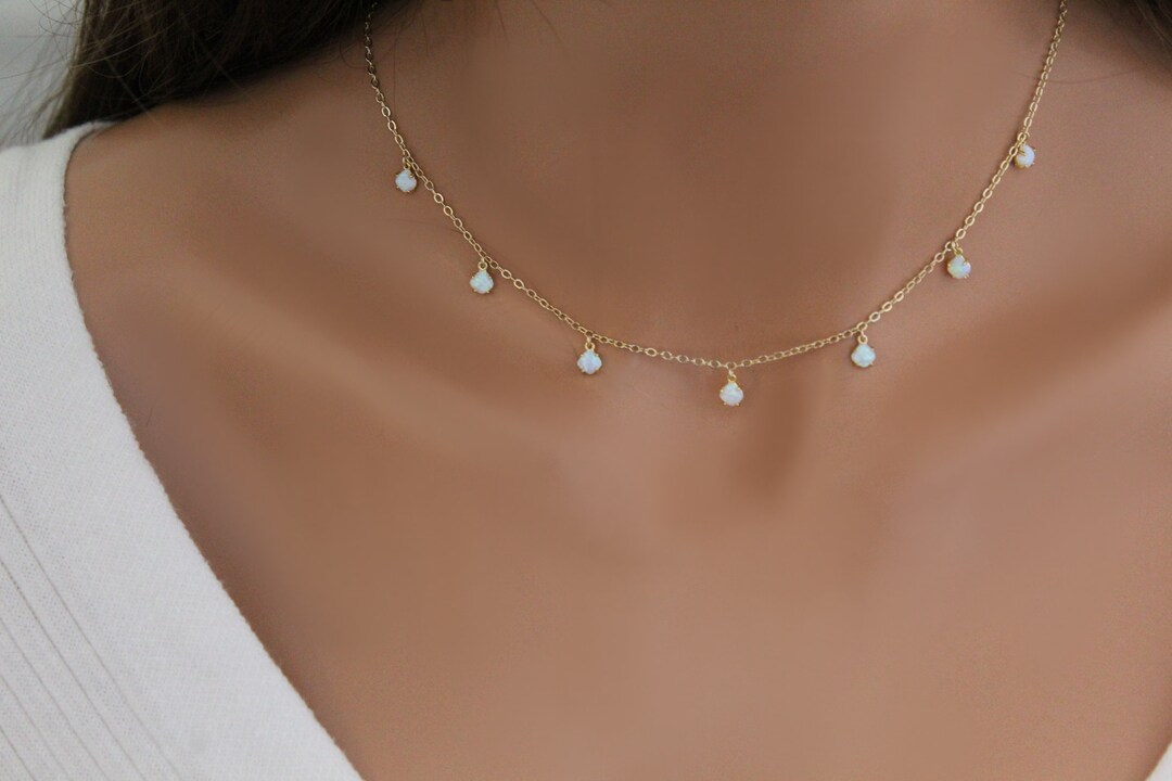 Opal Necklace, Dainty Opal Station Layering Necklace for Women, Gold