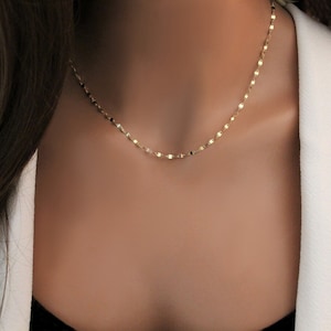 14K Solid Gold Lace Chain Necklace for Women, Gold Bracelet, Shiny Sequin Chain, Gift for Her, Dainty Glitter Chain Necklace or Bracelet