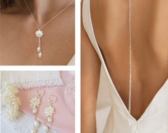 Elegant Pearl Backdrop Bridal Necklace, Silver Flower Charm Bridesmaid Gift, Low Back Jewelry for Special Events or Prom