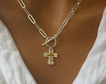 Cross Necklace: Women's Faith Jewelry, Two Toned, Trendy Paperclip and Toggle Clasp
