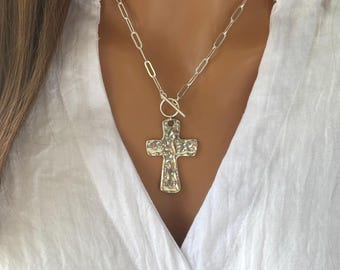 Hammered Cross Pendant Necklace, Large Silver Pewter, Christian Jewelry