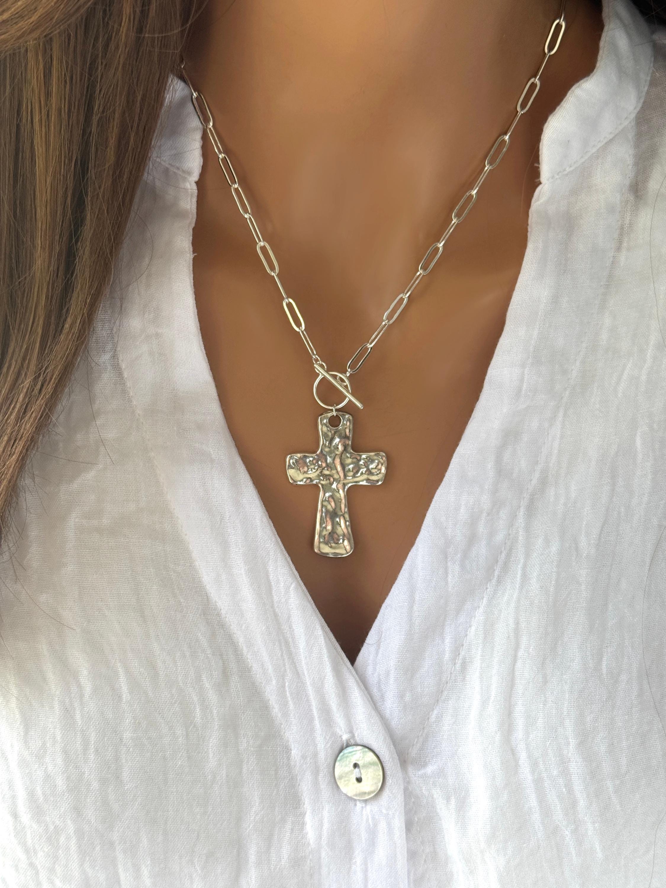 Hammered Cross Necklace Large Silver Pendant Gift for Her Statement Religious Christian Cross Jewelry for Women