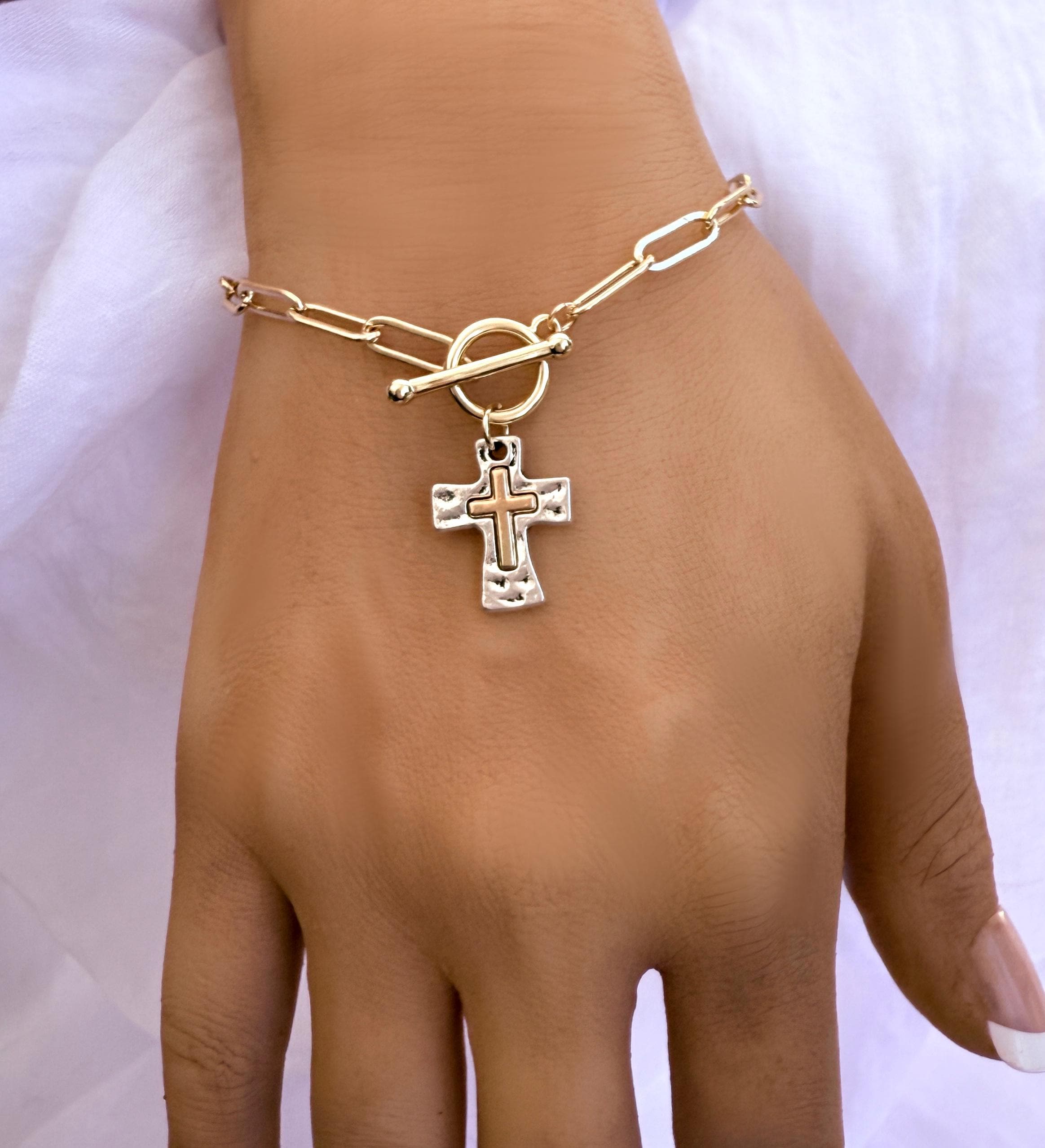 Hammered Cross Charm Bracelet Gift for Her Mixed Metal Religious Christian Cross Jewelry for Women Easter Christmas