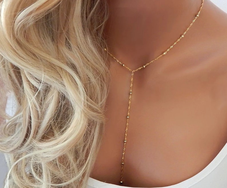 Gold Lariat Necklace, Gift for Her, Prom Jewelry Sister Y Necklace, Dainty Minimal Silver Beaded Lariat, Girlfriend Gift Bild 6