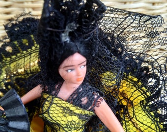 Vintage Doll Vintage Grain Espana Milagros Doll Black Yellow Large Hoop Dress Hand Fan