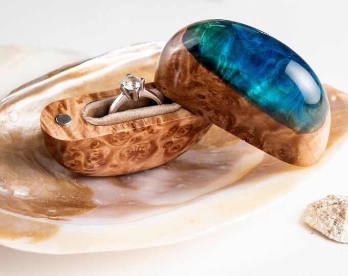 Unique Engagement Ring Box Inspired by Ocean. Burl Wood and Resin