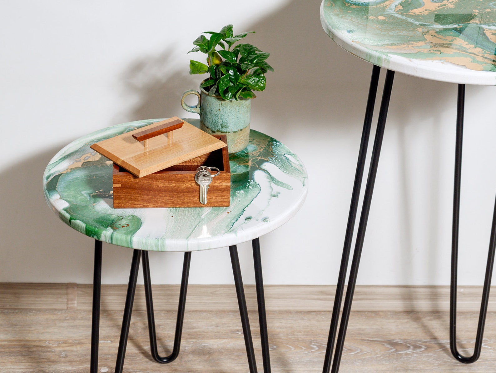Set of 2 Resin Art Side Tables. Modern Green and Bronze Etsy