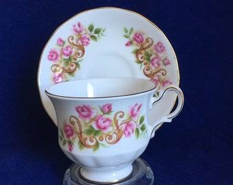 Queen Anne by Ridgway 8505 Pink Roses and Tan Scrolls Bone China Cup and Saucer