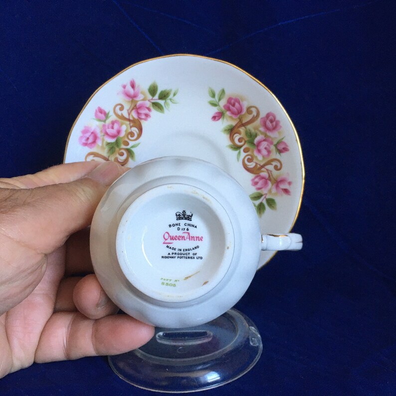 Queen Anne by Ridgway 8505 Pink Roses and Tan Scrolls Bone China Cup and Saucer