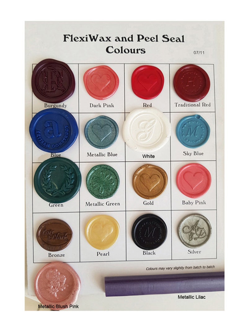 May include: A chart showing different colors of wax seal stamps. The colors include burgundy, dark pink, red, traditional red, blue, metallic blue, white, sky blue, green, metallic green, gold, baby pink, bronze, pearl, black, silver, metallic blush pink, and metallic lilac.