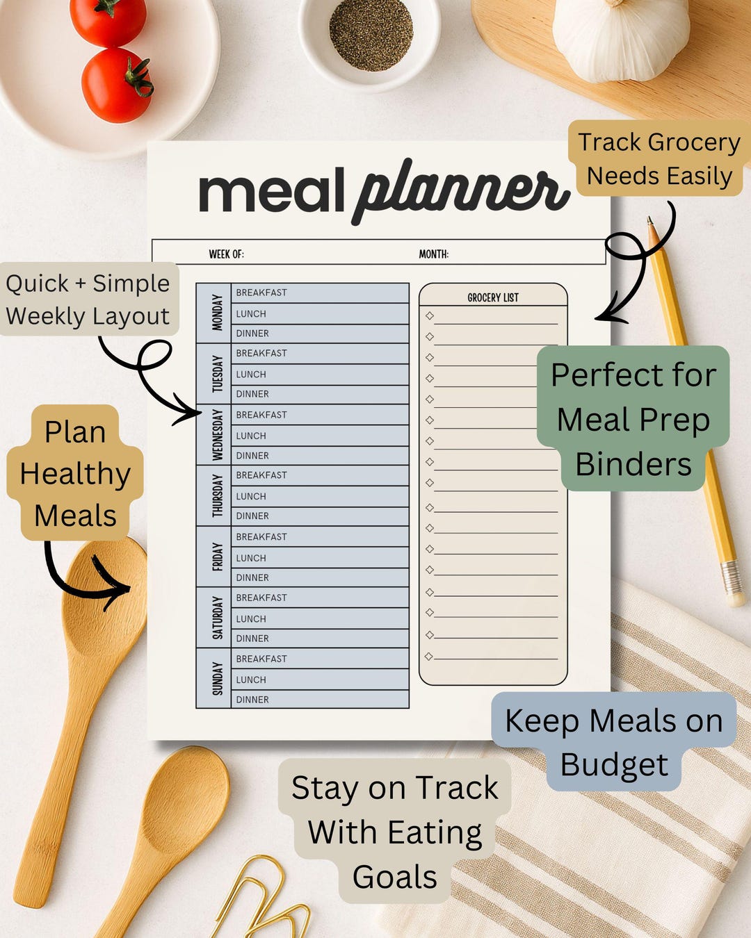 Weekly Meal Planner Printable | Minimalist Kitchen Menu (PDF) - Etsy