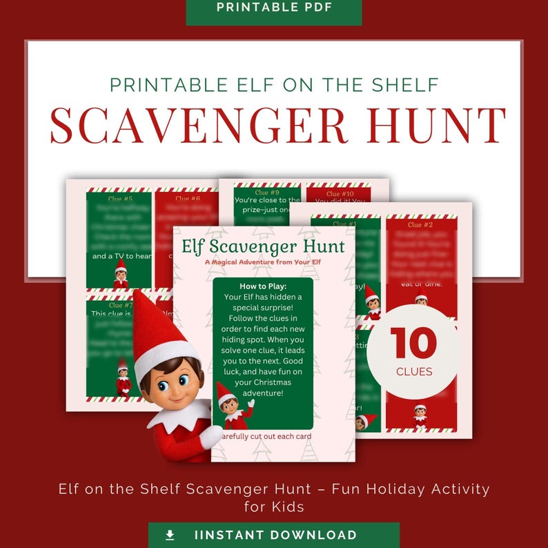Elf on the Shelf Scavenger Hunt Printable • 10 Elf Clue Cards • Kids