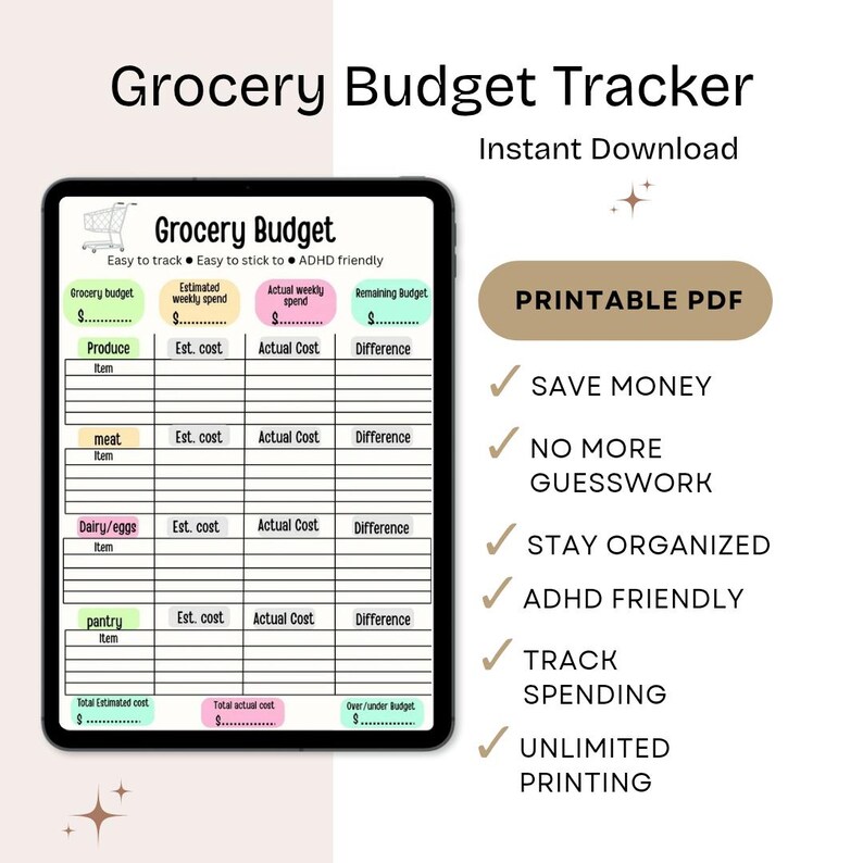 Grocery Budget Tracker Printable | ADHD Friendly Budget Sheet | Expense ...