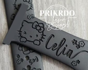 HK Katze Schleifchen + Blumen Uhrenarmband personalisierbar - Gravurarmband passend für die A-Smartwatch/A-Armband
